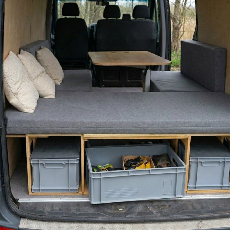 VanBus BASIC Brown camping box with grey mattresses, a table, and Euroboxes