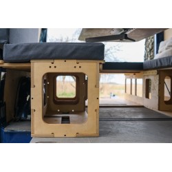 Interior view of the pass-through side storage construction in the van conversion
