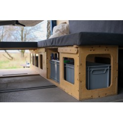 Side storage with Euroboxes acting as a comfortable seat in the camper van