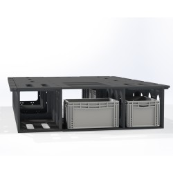 Wizualizacja 3D CAD przestrzeni magazynowej pod łóżkiem z ułożeniem skrzynek Euro