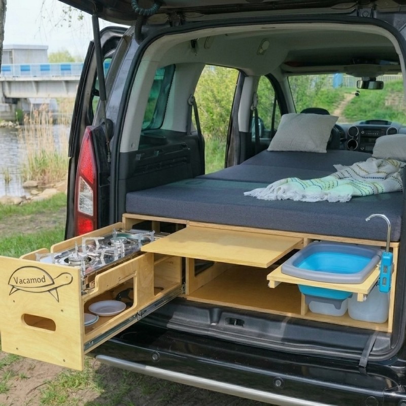 Unfolded KombiVan PREMIUM camping bed in brown with grey mattresses, extension drawer, and sink