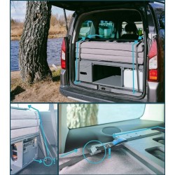 Photo guide collage showing the proper method of securing the Vacamod camping box using tie-down straps